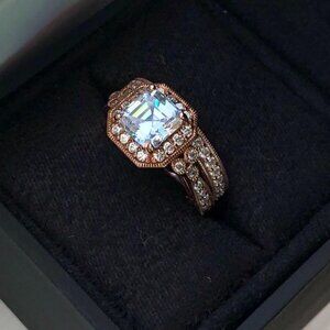 Platinum or Gold Plated Sterling Silver Antique Ring set with Asscher-Cut